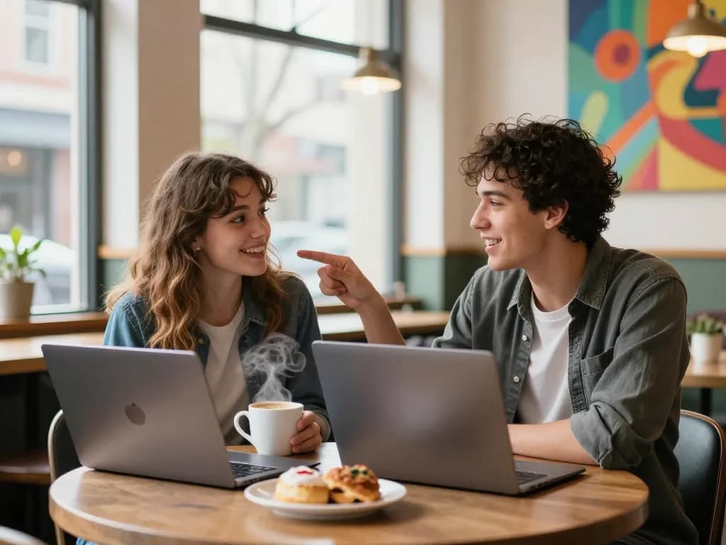 Two friends discussing a crush on someone over coffee in a cozy café setting.