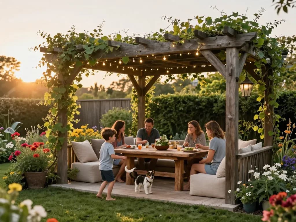 Outdoor family gathering under a custom-designed pergola configurator software showcasing vibrant garden setting.