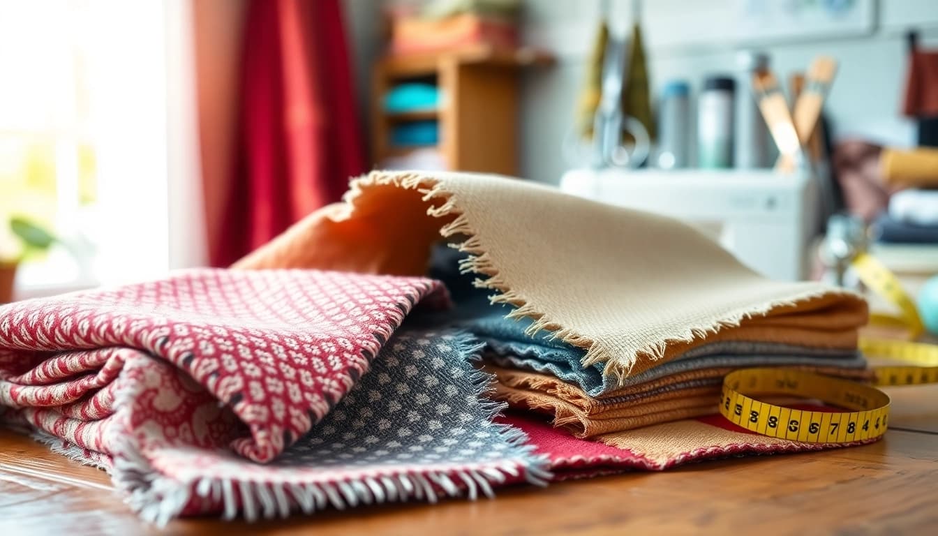 Stof kopen per meter biedt een selectie van hoogwaardige stoffen op een houten tafel.