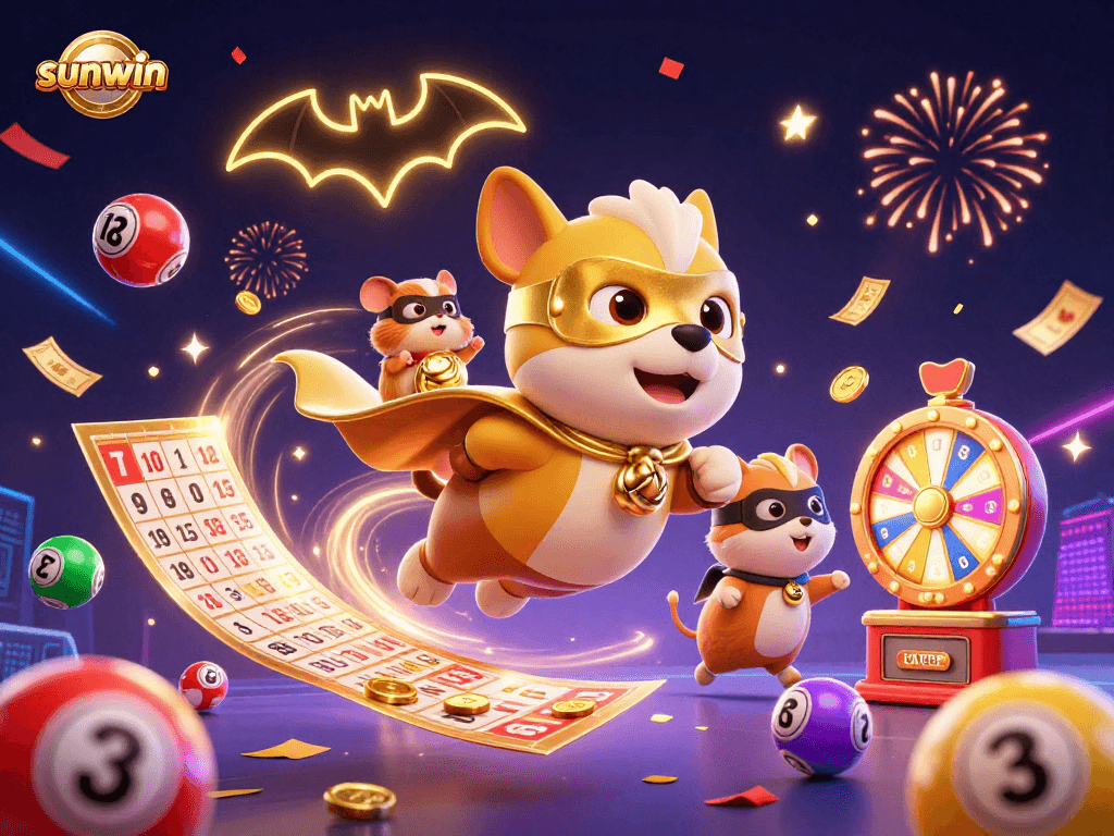 Engage with the exciting sunwin universe featuring a superhero dog flying through a festive gambling scene.
