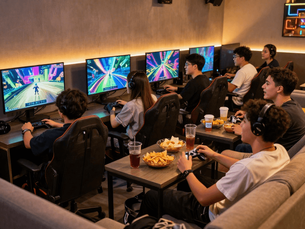 Friends enjoying engaging games at a relaxing gaming lounge with rokok88-inspired ambiance.