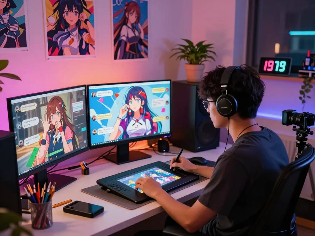 Engaging scene of vibrant Hentai AI chat interactions in a creative digital workspace.