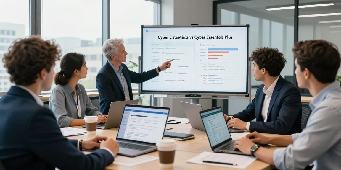 Team comparing cyber essentials vs cyber essentials plus in modern office setting.