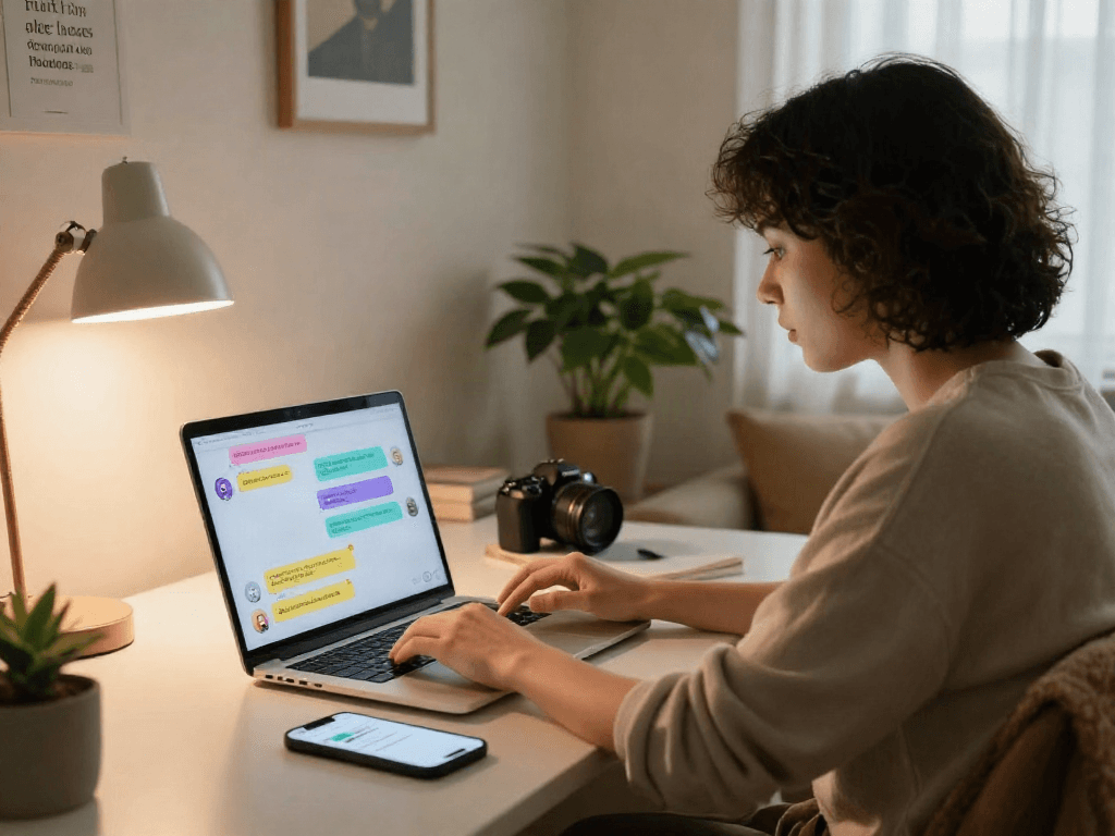 Engaging sexting AI conversations in a cozy home office setting, showcasing modern digital communication.