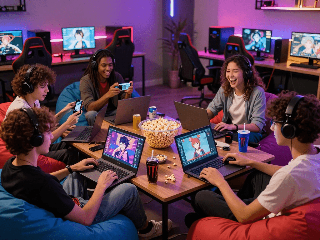 Group enjoying hentai games in vibrant gaming lounge with snacks and LED lights