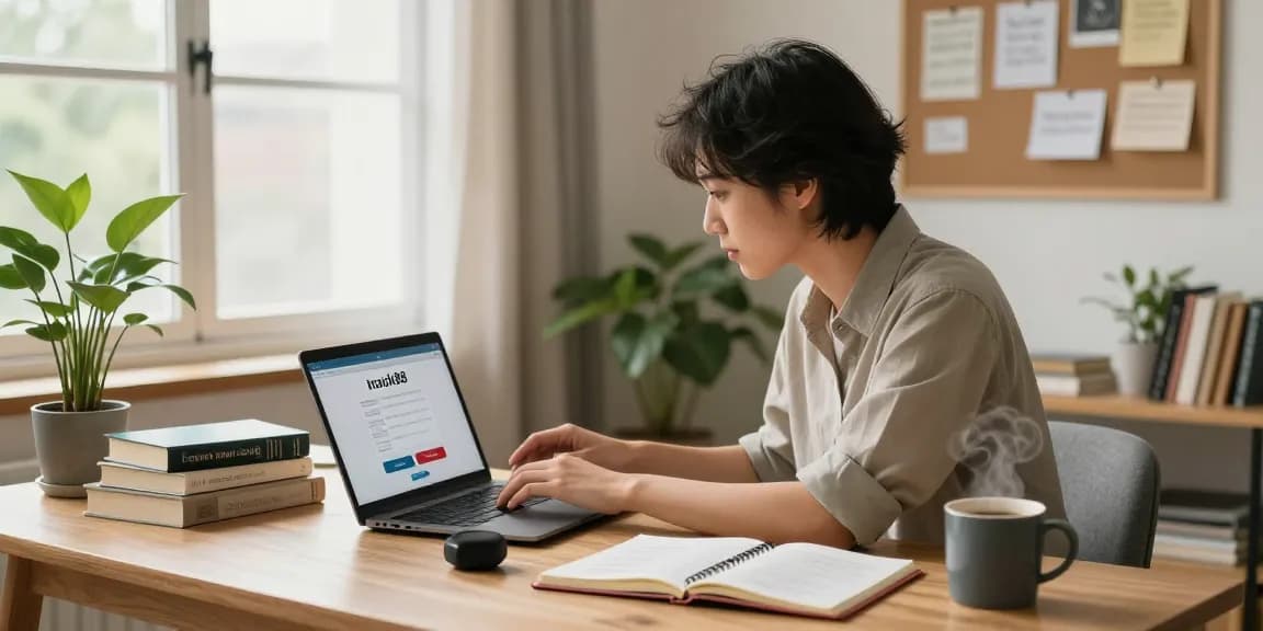 Exploring rokok88 login on a stylish home office laptop with warm decor and coffee.