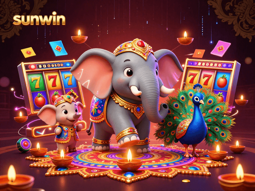 Experience thrilling wins at sunwin with vibrant 3D casino games featuring a colorful elephant and peacock.
