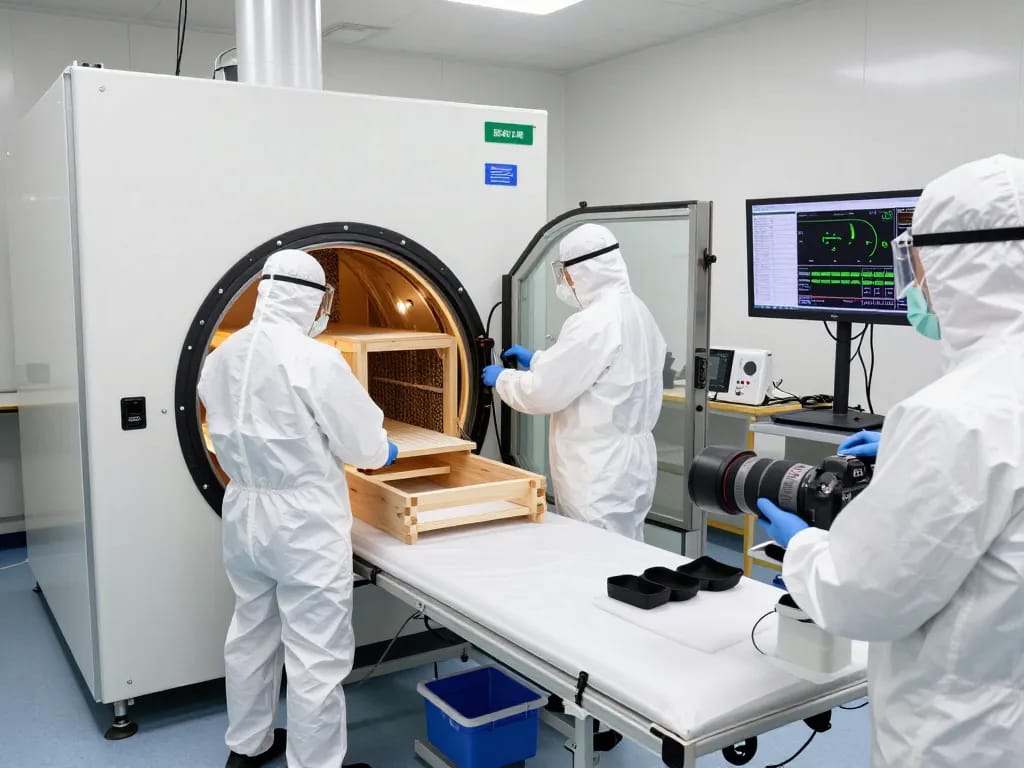Trattamento microonde antitarlo in azione presso un centro di controllo dei parassiti, che mostra tecnologie avanzate per la rimozione degli insetti del legno.