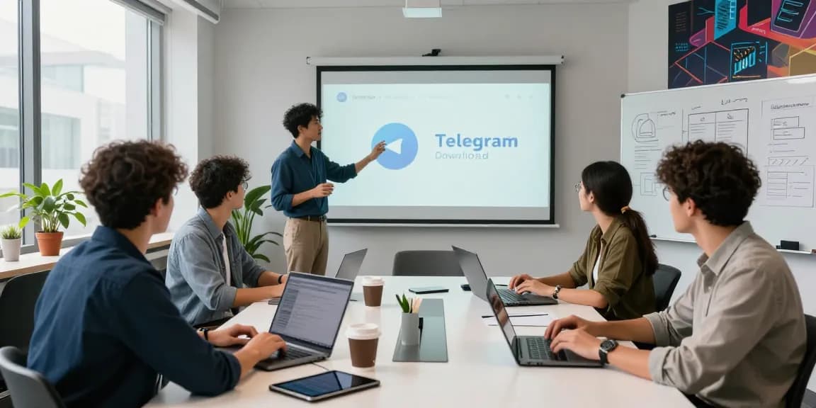 Collaborative team session discussing Telegram Download features in a modern tech office setting.