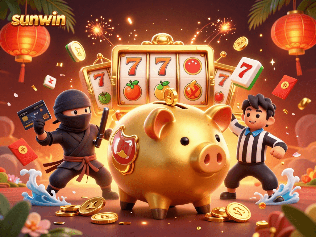 Play slots and win big with sunwin's vibrant 3D casino illustration showcasing action and excitement.