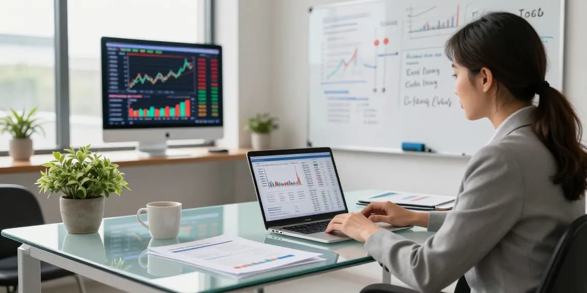Advisor analyzing ETF trends in modern financial office with laptop and reports