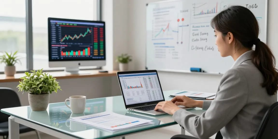 Advisor analyzing ETF trends in modern financial office with laptop and reports