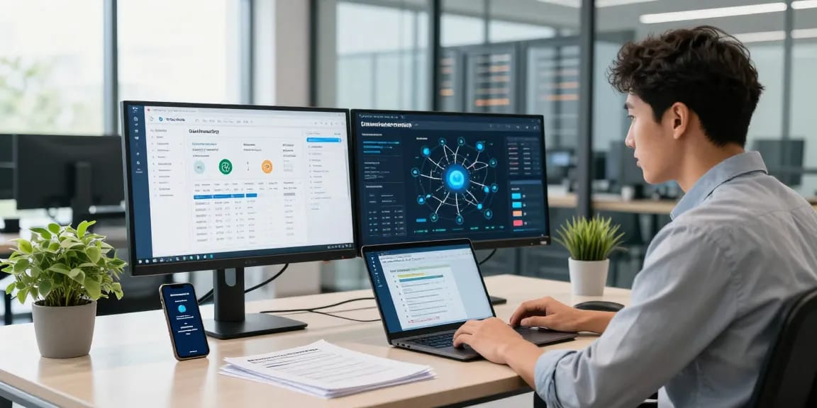 IT professional evaluating cybersmart cybersecurity metrics in a modern office.