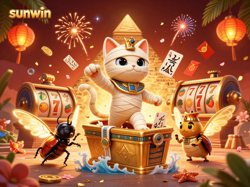 Spin to win with sunwin as the Egyptian mummy cat and scarab beetle light up the casino!