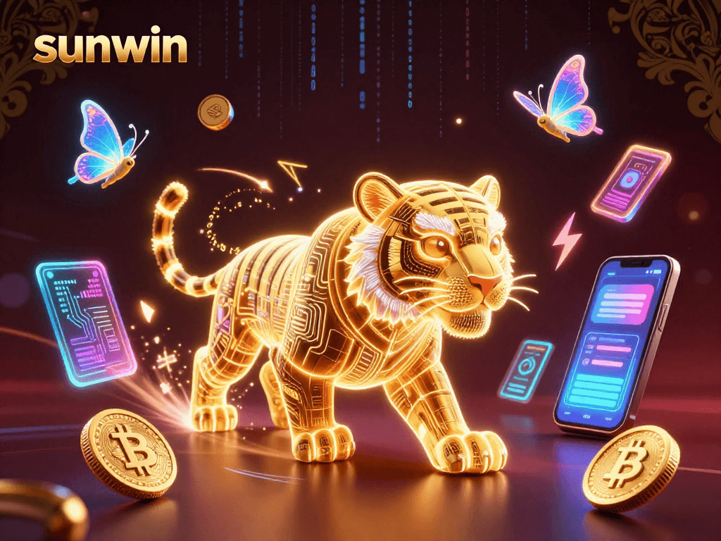 sunwin showcases a vibrant 3D casino scene with a light energy tiger accompanied by holographic butterflies.