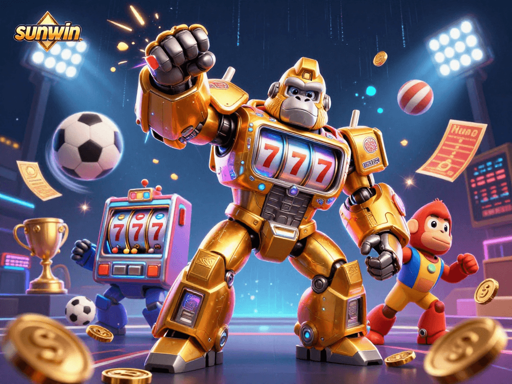 Immerse in the action with sunwin's golden gorilla mech smashing through coins, surrounded by dynamic sports elements.