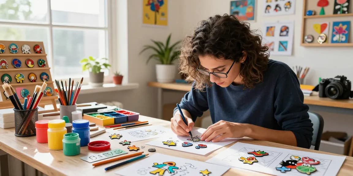 Artist crafting custom pins with vibrant designs in a creative workshop environment.