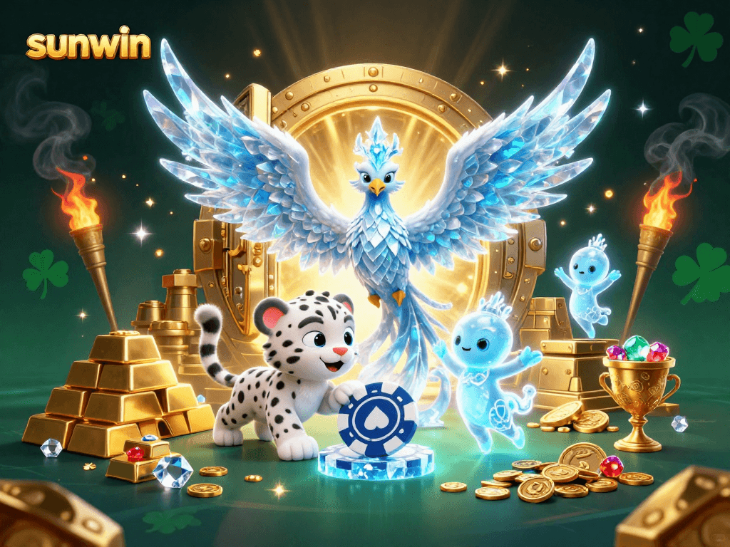 Immerse in sunwin's animated casino world with a phoenix, snow leopard, and sparkling treasures.
