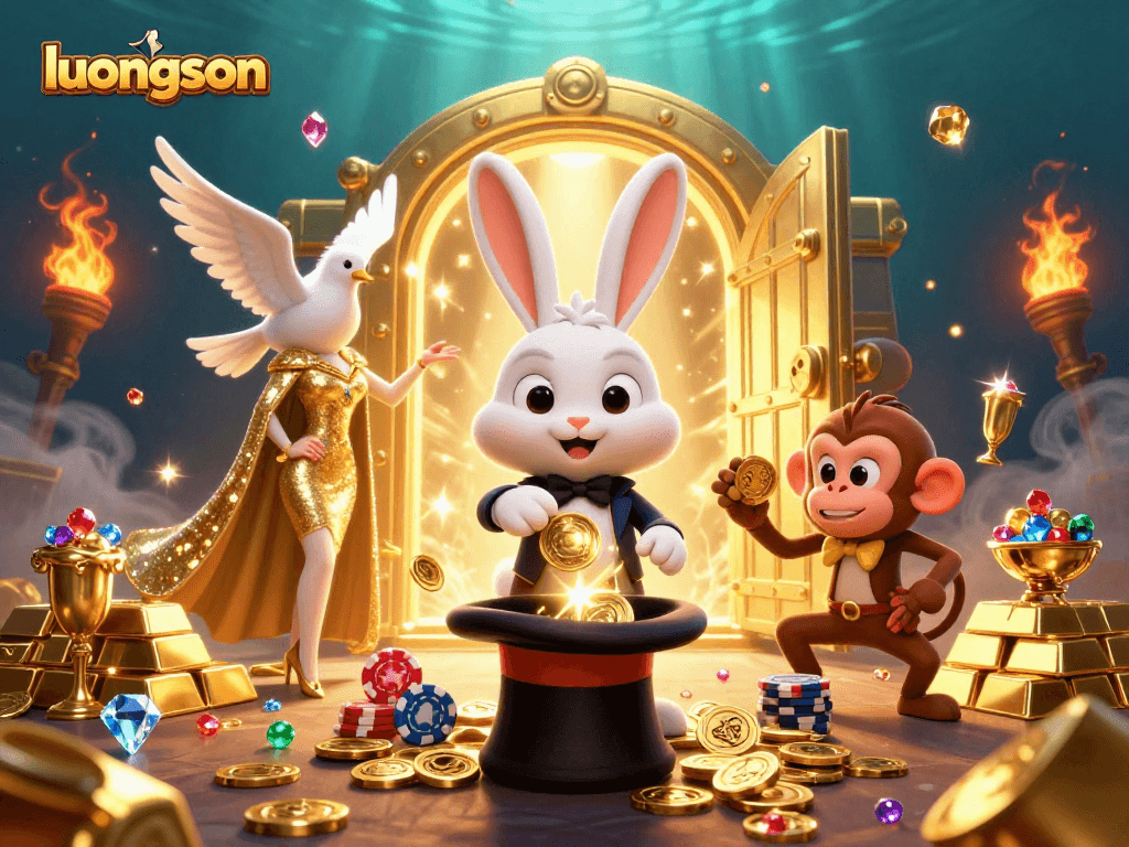 luongson entertains gamblers with a magician rabbit pulling coins in a vibrant casino scene