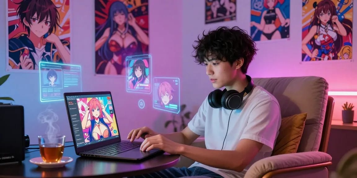 Engaging user in ai hentai chat with animated character in vibrant digital setting.