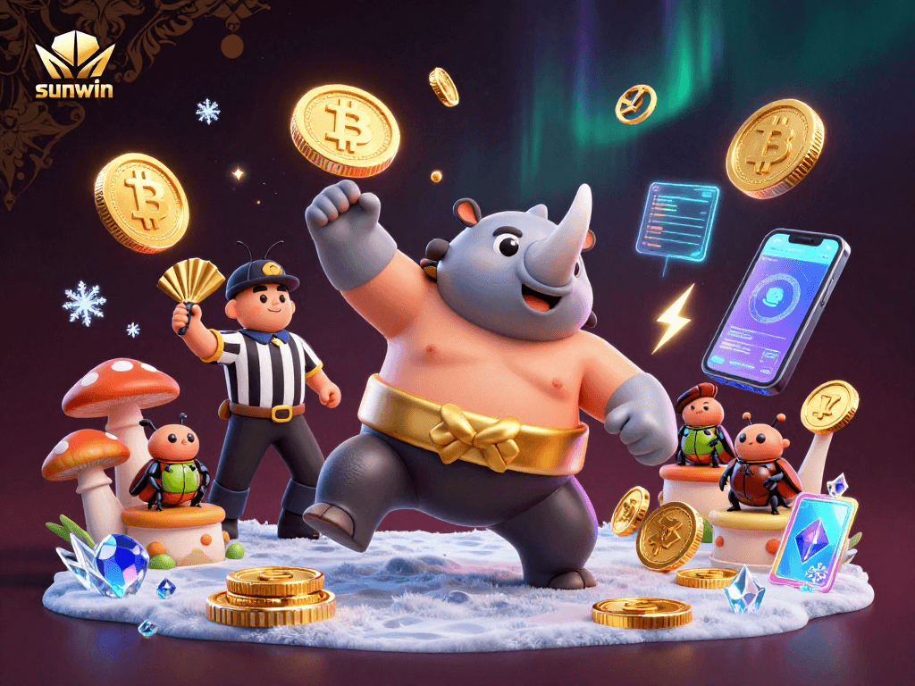 Witness the sunwin champion rhinoceros beetle stomping gold coins at a dynamic casino scene.