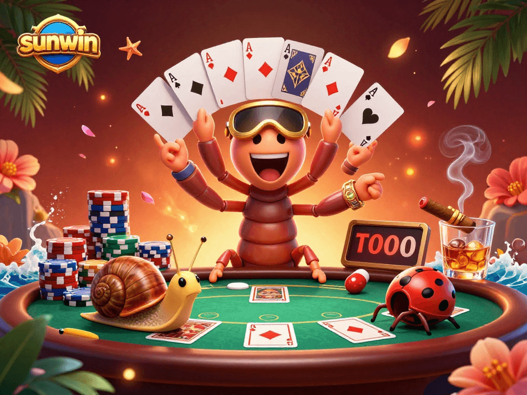 Experience sunwin excitement with an animated dealer and vibrant poker scene.