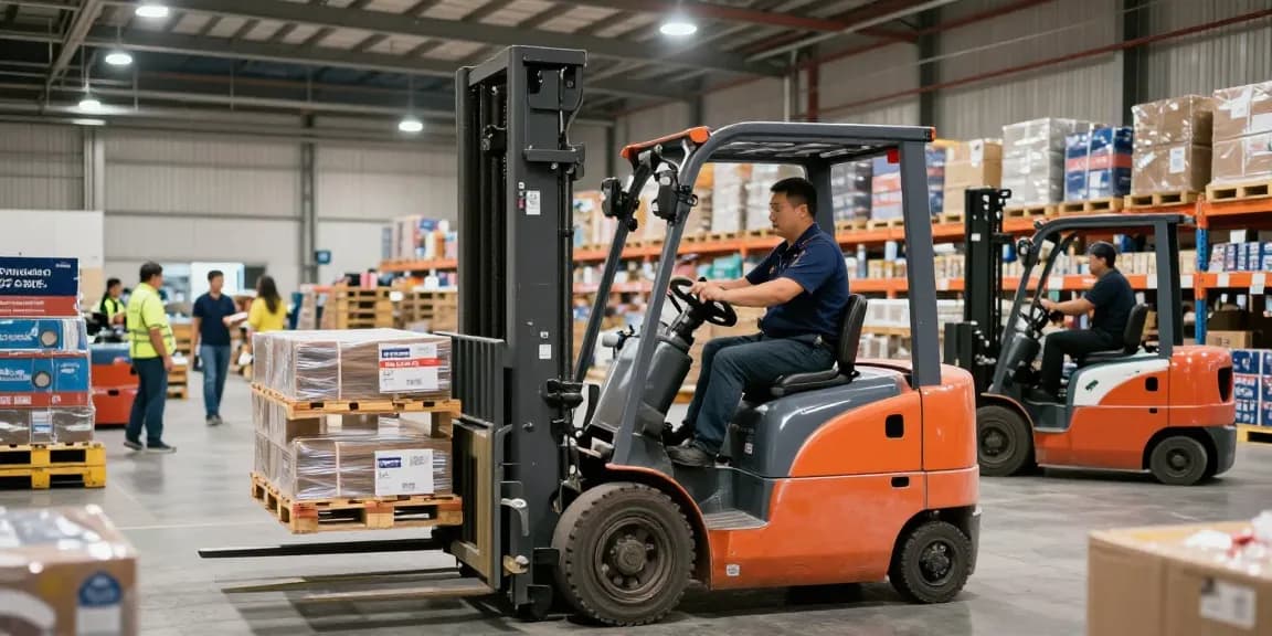 Operator using a lift stacker to efficiently move pallets in a modern warehouse setting.