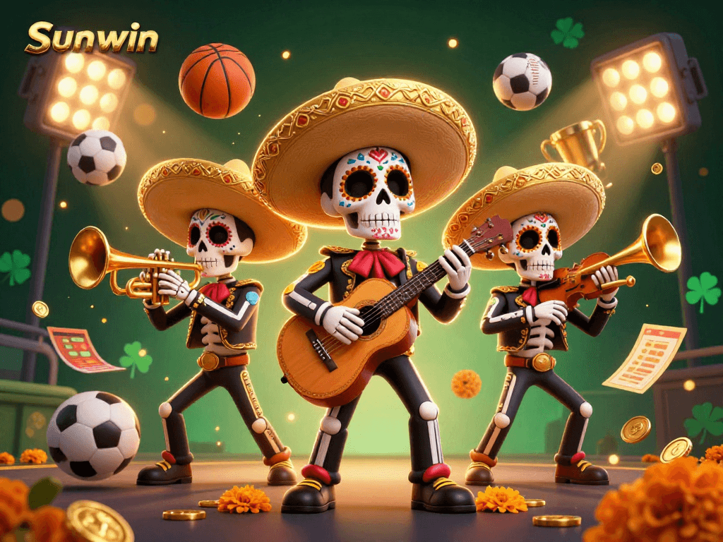 Join the sunwin mariachi band amid a lively sports-themed casino celebration, showcasing vibrant visuals.