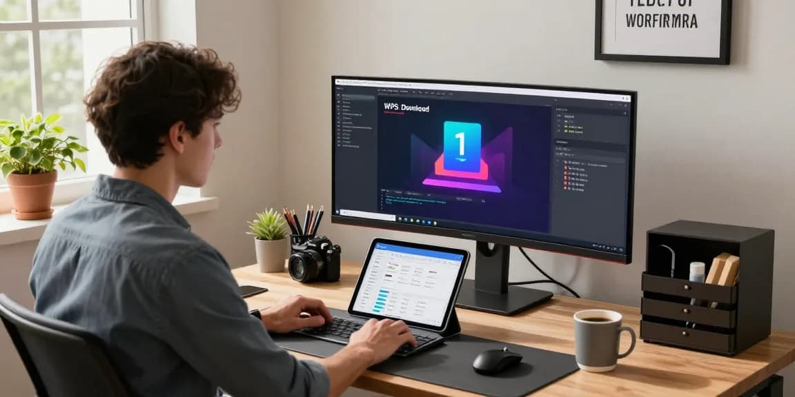 Developer focusing on WPS Download progress in a sleek office workspace.
