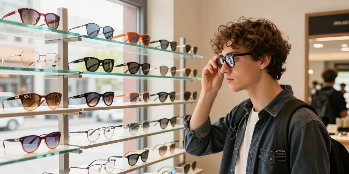 Clientes experimentando lentes de grau na Ótica FagLux, rodeados por diversas opções de óculos