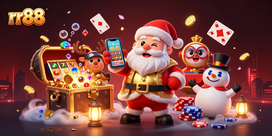 Spin to win with rr88 in a vibrant casino scene featuring Santa and friends!