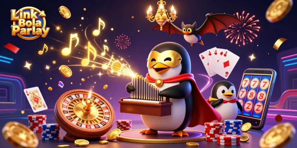 Play on the thrilling Link Bola Parlay with enticing golden coins and vibrant casino elements!