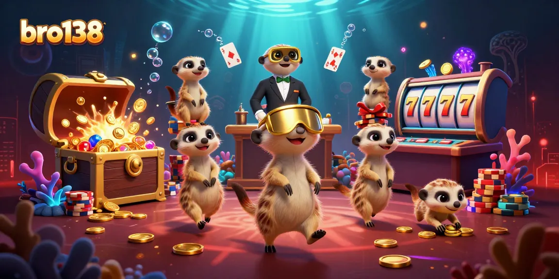 Experience thrilling casino action with bro138's engaging meerkat characters in this vibrant illustration.