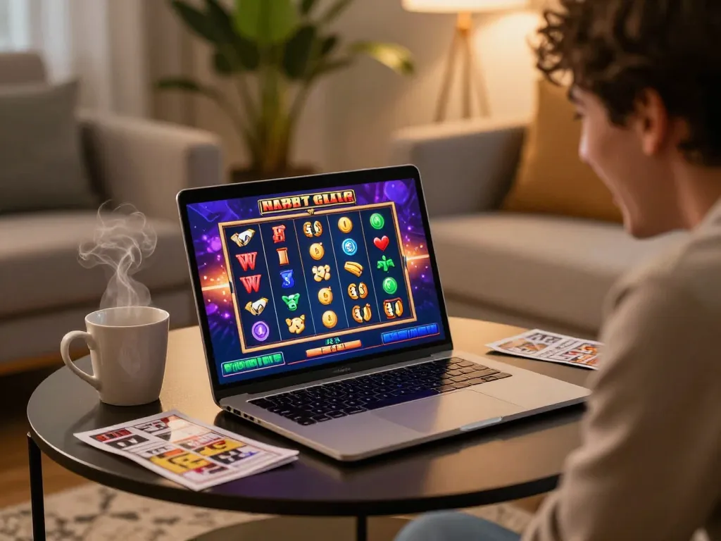 Engaging online gaming moment at nhà cái tt88 with vibrant slot game on laptop, cozy home setup.