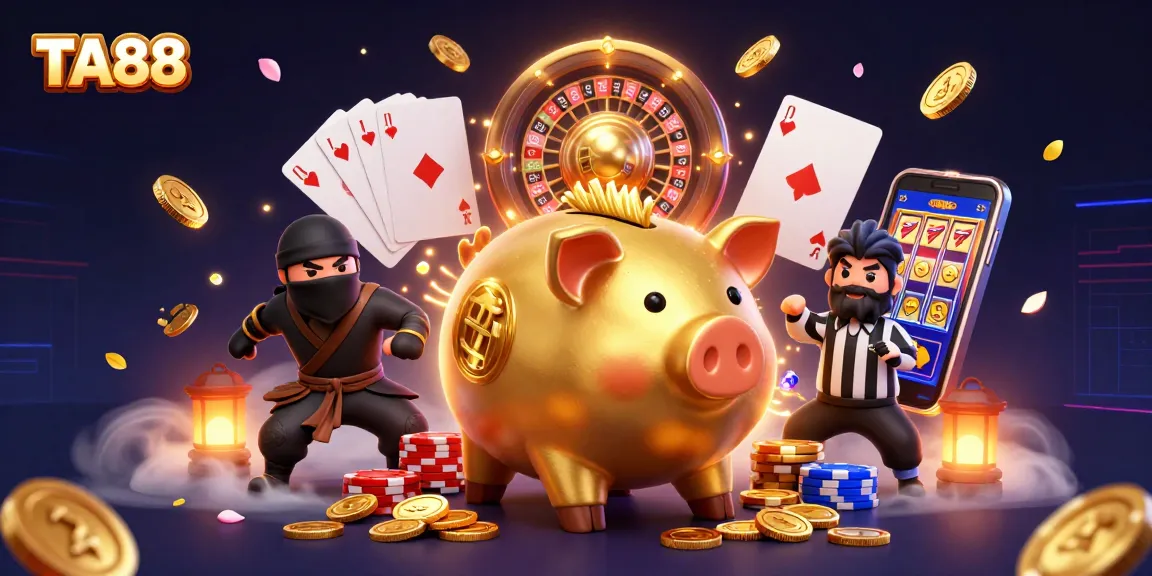 Experience exciting gaming adventures at TA88 with a vibrant 3D casino illustration showcasing thrilling characters and dynamic elements.