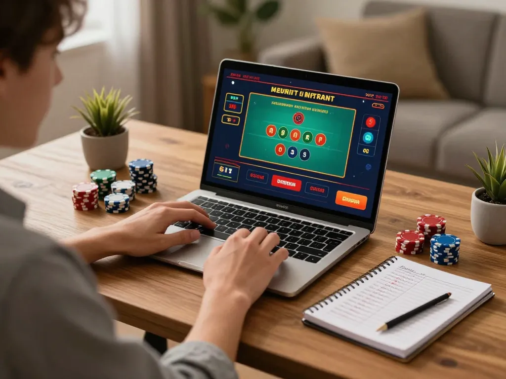 Engaging online baccarat gameplay at nhà cái BL555 with strategic betting notes and chips on desk.