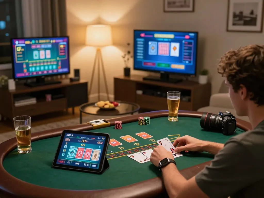 Online casino gameplay at https://www.dacsandatphanrang.com/ with dynamic blackjack action displayed on a tablet in a cozy setting.