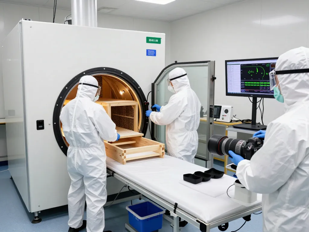Trattamento microonde antitarlo in azione presso un centro di controllo dei parassiti, che mostra tecnologie avanzate per la rimozione degli insetti del legno.