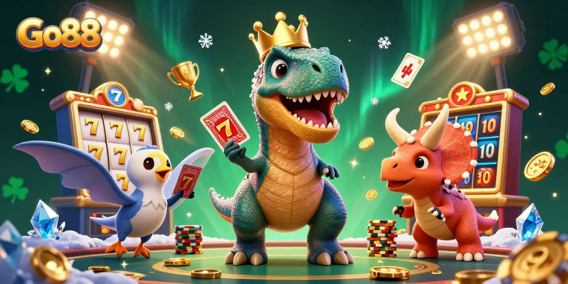Experience the thrill of Go88 as friendly dinosaurs shuffle cards and stack chips in a lively casino setting.