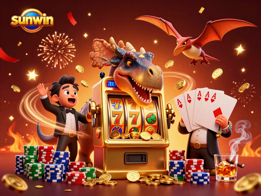 sunwin logo showcased in a dynamic casino scene with cartoon dinosaurs and slot machine action