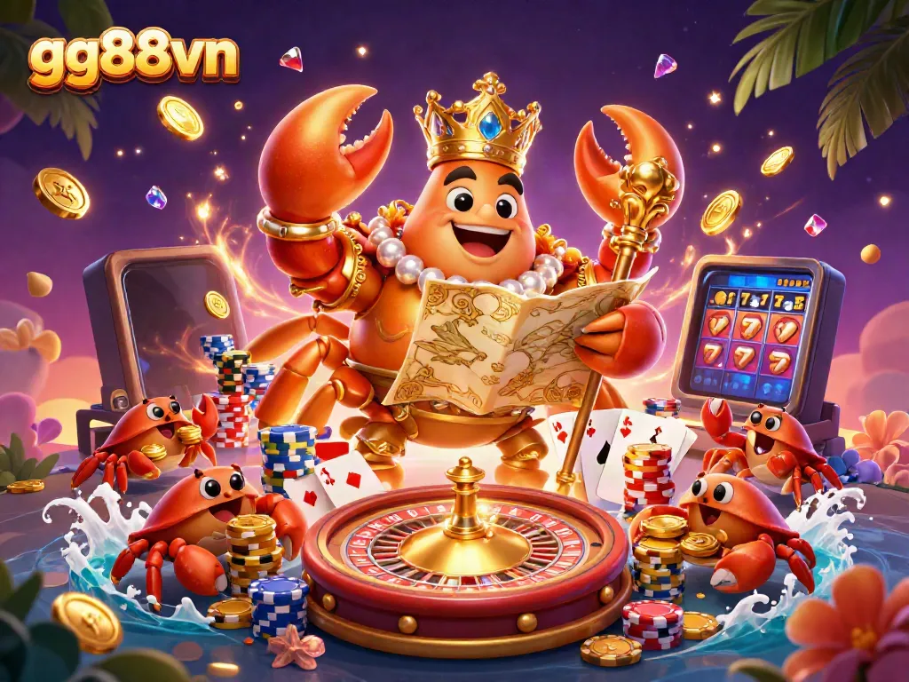 Experience thrilling gaming action with gg88vn featuring a vibrant casino scene with a golden crab emperor and dynamic elements.