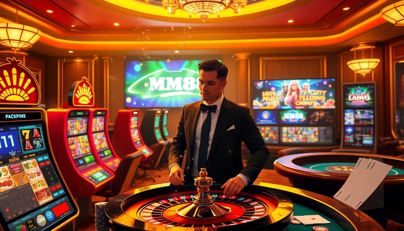 Winning big at https://mm88.it.com/ with vibrant slot machines and poker chips.
