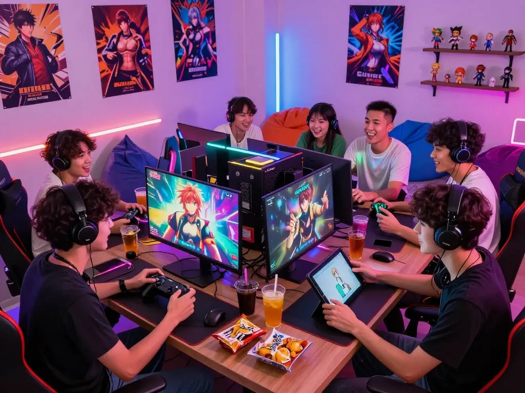 Friends playing hentai games in a vibrant gaming setup, showcasing social interaction and excitement.
