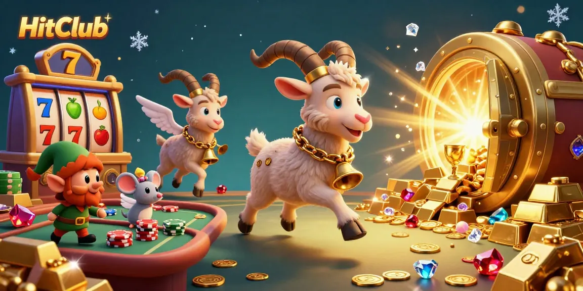 HitClub features a 3D cartoon Krampus goat in a colorful casino scene, filled with vibrant slot game elements.