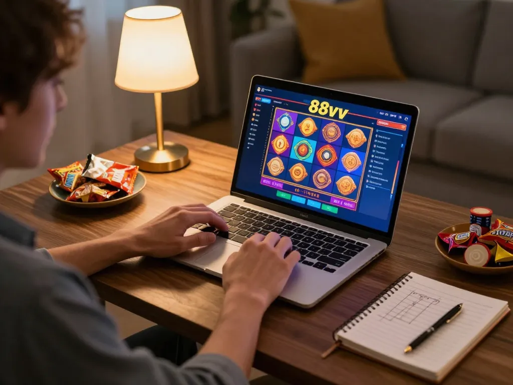 88vv user engaged in online gaming with colorful slot options and personal strategy notes.