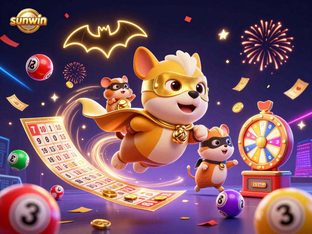 Engage with the exciting sunwin universe featuring a superhero dog flying through a festive gambling scene.