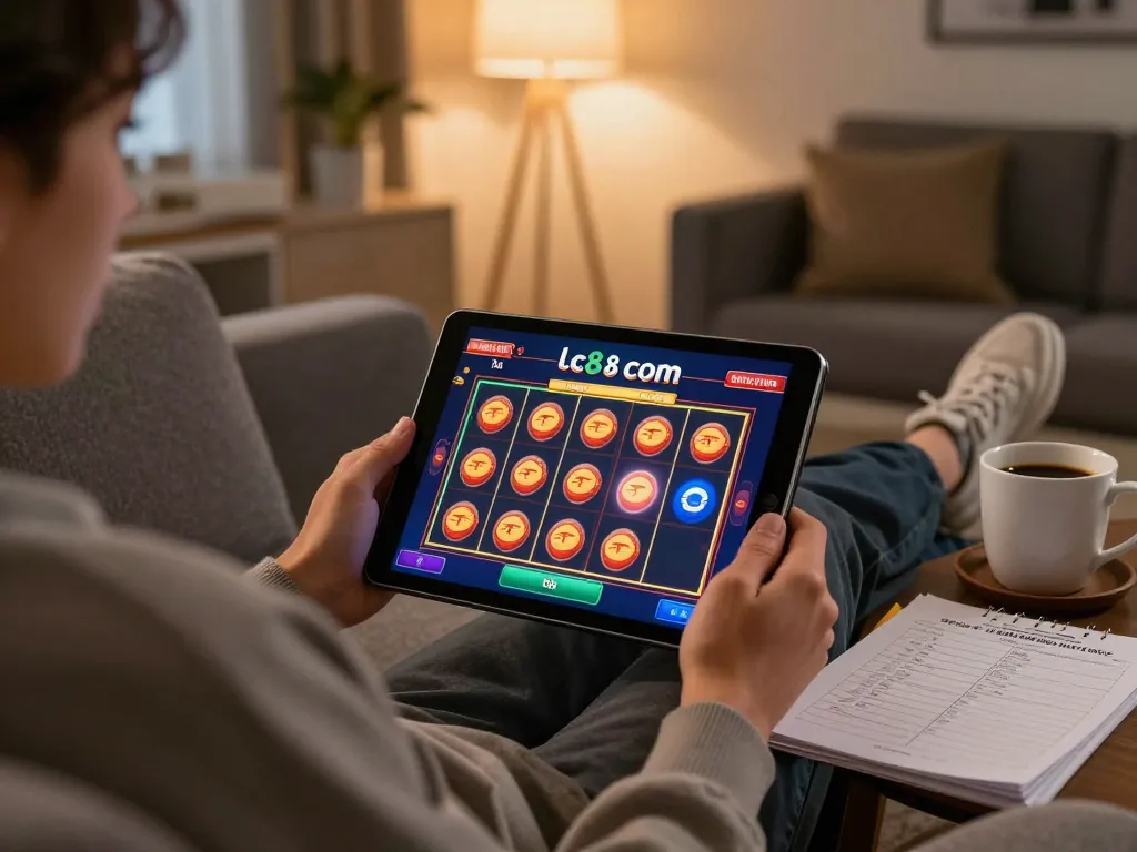 Engaging gameplay on lc88 com slot game displayed on a tablet in a cozy home setting.