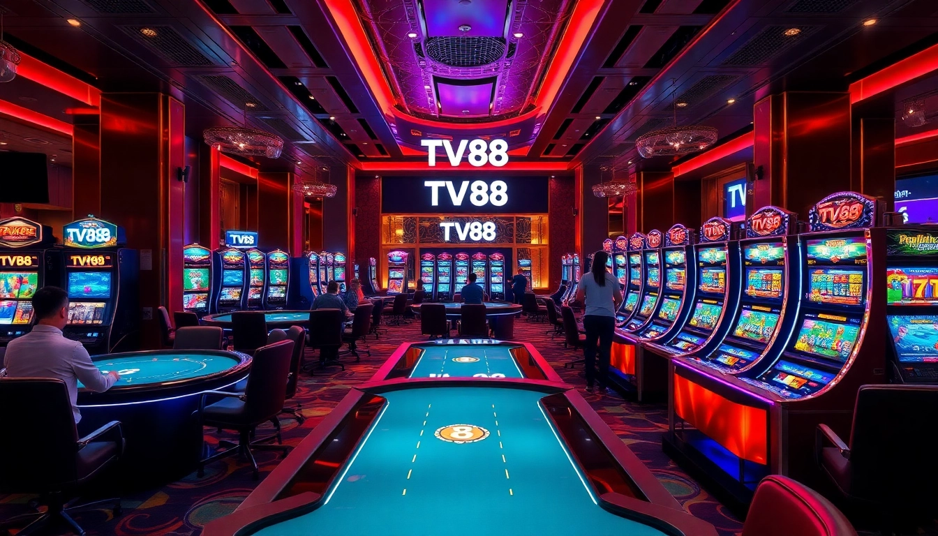 Experience exhilarating gameplay with TV88 at a luxurious online casino featuring poker tables and exciting slot machines.