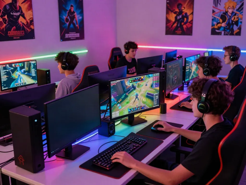 Engaged gamers playing rokok88 in a vibrant gaming community setting.