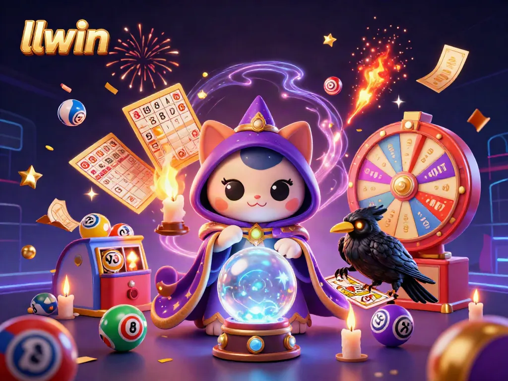 Engage with llwin's vibrant lottery scene featuring a mystical cat, raven, and colorful gambling elements.